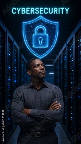 Confident middle-aged African American man stands arms crossed in server room under glowing cybersecurity shield hologram