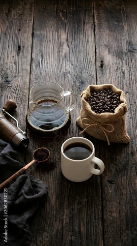 Fresh Roasted Coffee Beans in Burlap Sack With Pour Over Coffee
