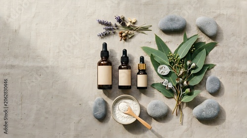 Spa Wellness Essentials With Essential Oil Bottles and Eucalyptus