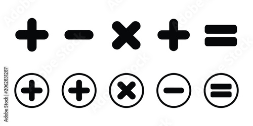 Konstfotografi Mathematical arithmetic symbol icon vector set featuring plus, minus, multiply, divide, and equal signs for education and interface design