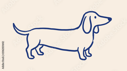 Minimalist naive dachshund dog simple line art drawing. This cute puppy sketch is a clean black and white vector illustration with a continuous stroke style for graphic design and logo.