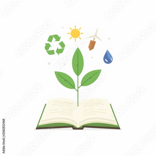 Concept of knowledge and growth, seedling sprouting from an open book, flat vector illustration