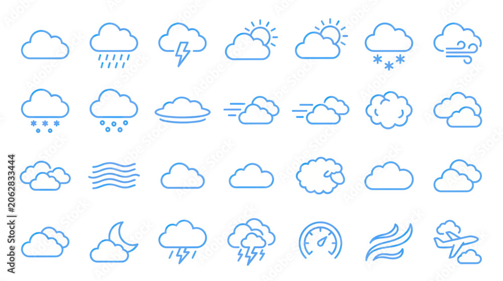 Obraz premium Weather forecast line icons featuring clouds rain sun and snow