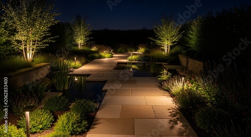 Night view of garden pathway with outdoor lighting and landscaping lighting landscape exterior backyard architecture beautiful