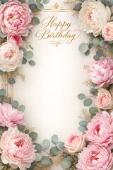 A happy birthday card with pink roses and eucalyptus leaves on a decorative frame