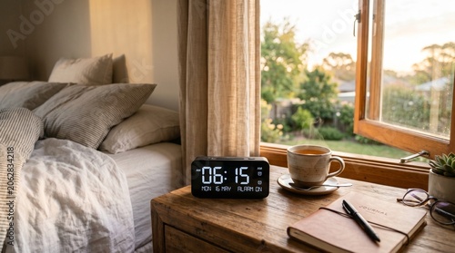 Canvastavla Digital alarm clock displaying early morning time sits on a rustic wooden nightstand beside a steaming cup of hot tea and a journal in a peaceful sunlit bedroom at dawn