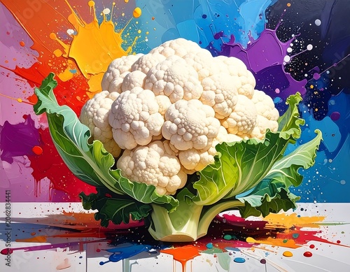 Fresh White Cauliflower Resting Against Colorful Paint Splash Background