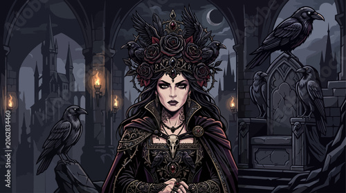 Obraz na płótnie Gothic Queen in Dark Fantasy Castle with Black Ravens and Intricate Rose Crown