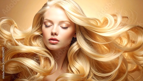 Elegant Blonde Woman with Flowing Hair and Closed Eyes on Warm Golden Background