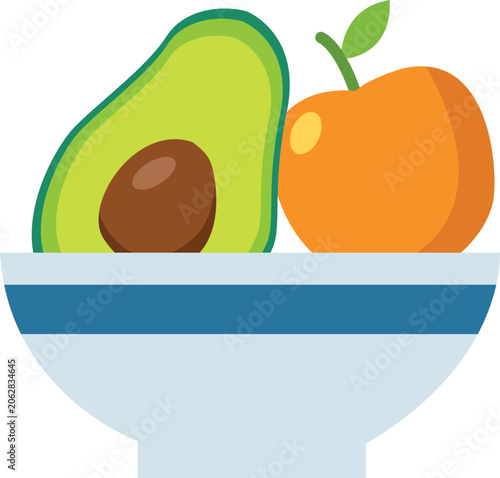 Healthy Breakfast Bowl with Avocado and Orange Flat Vector Illustration