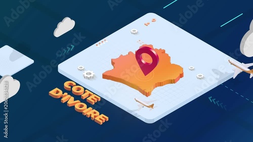 Isometric 3D Render of Cote Divoire Map with Red Location Pin Pointer and Floating Airplanes