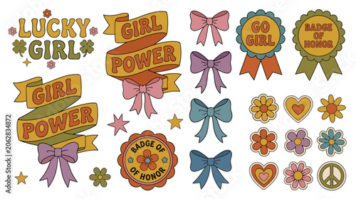 Collection of Groovy Retro Stickers and Cute Girly Patches Featuring Vintage Flower Doodles Pink Bows and Feminist Power Badges in a Nostalgic Nineties Aesthetic Graphic Illustration Set