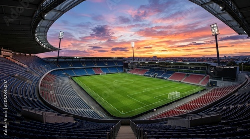 Empty sports stadium with green field.