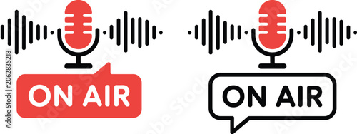 фотографія Live on air icon collection with microphone and sound wave graphics representing broadcasting, podcast recording, radio transmission, and media streaming concepts