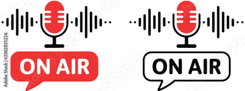 Obraz na płótnie Live on air vector icon set featuring microphone and sound wave symbols for radio, podcast broadcasting, recording, and streaming media design