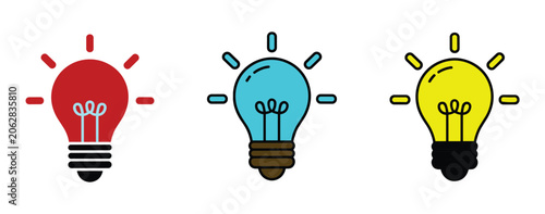 Schilderij op canvas Illuminated Ideas: A trio of vibrant, stylized light bulbs in red, blue, and yellow, each emitting a soft glow, symbolize innovation and bright thinking, representing diverse concepts and solutions