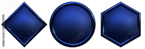 Luxury Blue Metallic 3D Geometric Badge and Button Set with Textured Surface on Transparent Background