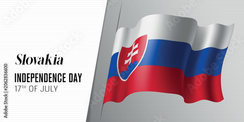 Slovakia happy independence day greeting card, banner with template text vector illustration. Slovakian memorial holiday 17th of July design element with 3D flag with stripes