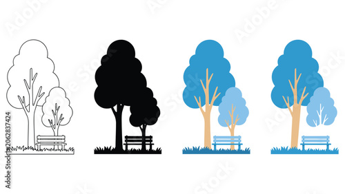 Schilderij op canvas Park Bench Between Trees Vector Icon Showing Urban Park Scene Silhouette Outline