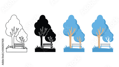 Schilderij op canvas Park Bench Between Trees Vector Icon Showing Urban Park Scene Silhouette Outline