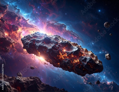 Glowing Rocky Asteroid Floating in Colorful Nebula in Deep Space