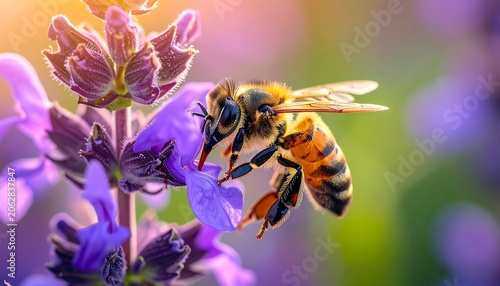 Golden Honey Bee Collecting Nectar on Vibrant Purple Flower in Sunlit Garden