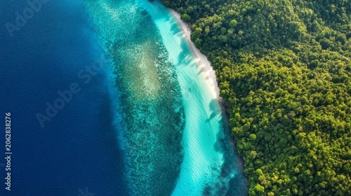 Drone perspective captures a tropical island with lush green jungle meeting turquoise shallow waters and coral reefs