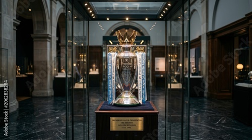 Trophy on display in museum case.