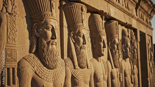 Ancient persian bas-relief stone carvings at persepolis, detailed archaeological sculpture of kings and warriors in golden hour sunlight