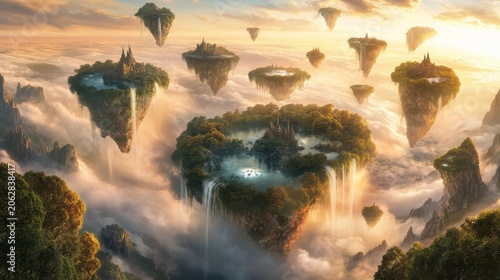 Enormous floating islands with waterfalls and trees drift through a misty sky at sunset