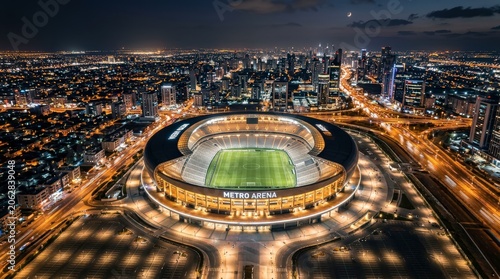 Aerial View of Stadium at Nighttime.