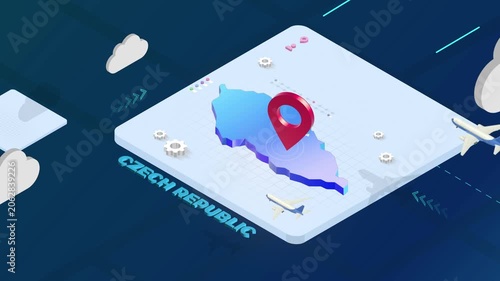 Isometric 3D Render of Czech Republic Map with Red Location Pin Pointer and Floating Airplanes