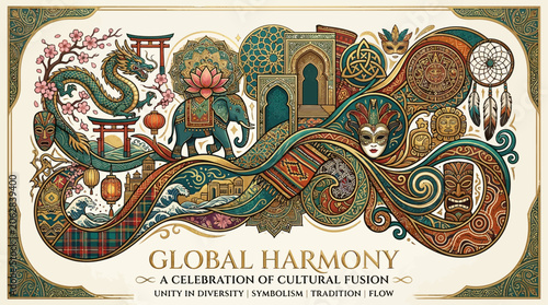 Schilderij op canvas Illustrative Banner Celebrating Global Harmony, Unity, Diversity, Symbolism, and