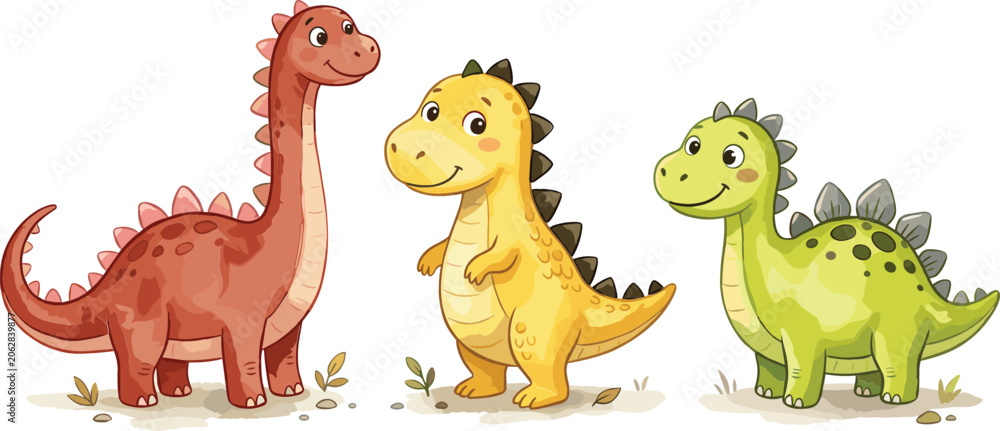 Fototapeta premium Cute Dinosaur Vector Illustration Featuring Sweet Cartoon Brachiosaurus, Tyrannosaurus Rex, and Stegosaurus Characters for Children Nursery Art and Educational Designs
