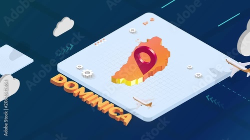 Isometric 3D Render of Dominica Map with Red Location Pin Pointer and Floating Airplanes
