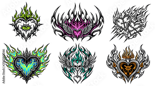 Photography Tribal flaming heart and skull tattoo graphics collection