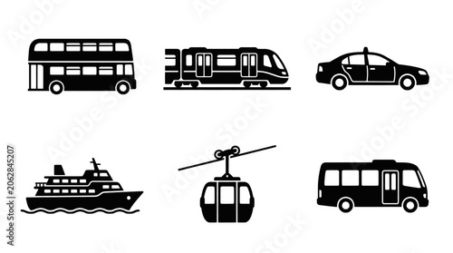 Collection of various transportation icons including a double-decker bus, train, taxi, ferry, cable car, and minibus.