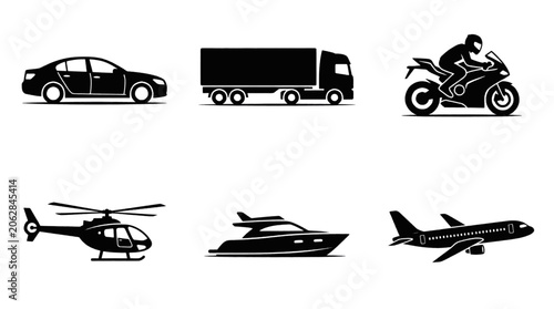 Tableau sur toile Collection of six black silhouette icons representing different modes of transportation including a car, truck, motorcycle, helicopter, yacht, and airplane