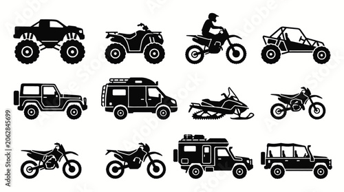 Obraz na plátne Collection of black and white silhouette icons representing various off-road vehicles and recreational transportation