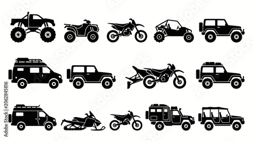 Fotografie Collection of black and white vector icons representing various off-road vehicles and recreational transport
