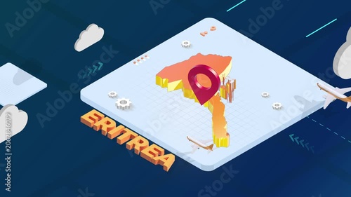 Isometric 3D Render of Eritrea Map with Red Location Pin Pointer and Floating Airplanes