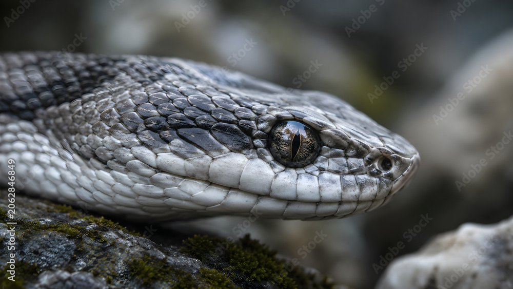 Obraz premium Detailed extreme close up of a gray viper head on mossy stone