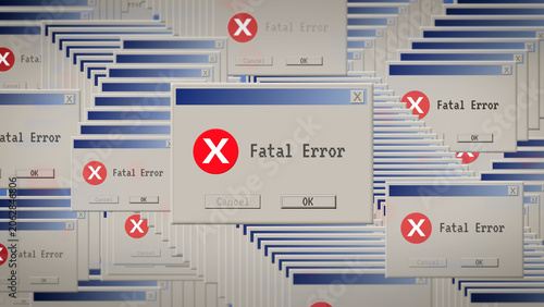 Canvastavla Horizontal cascade of retro Fatal Error pop up windows with red icons and OK but