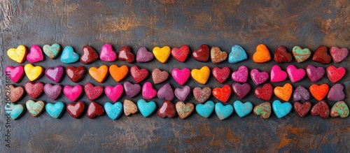 Colorful heart-shaped stones arranged in rows on a rustic background.