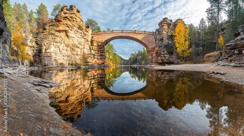 Panoramic view of an arch bridge over calm river reflecting in water, autumn scenery with sandstone cliffs and yellow trees.