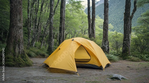 Yellow tent pitched in a lush forest clearing.