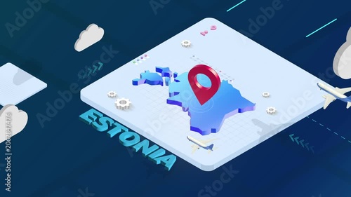 Isometric 3D Render of Estonia Map with Red Location Pin Pointer and Floating Airplanes