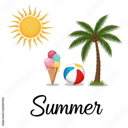 Colorful ice cream cone and beach ball.