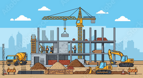 Construction site with excavator and crane.