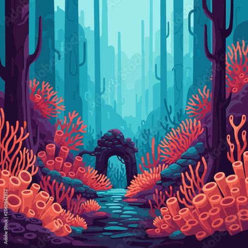 Coral Reef with Seaweed and Tunnel.
